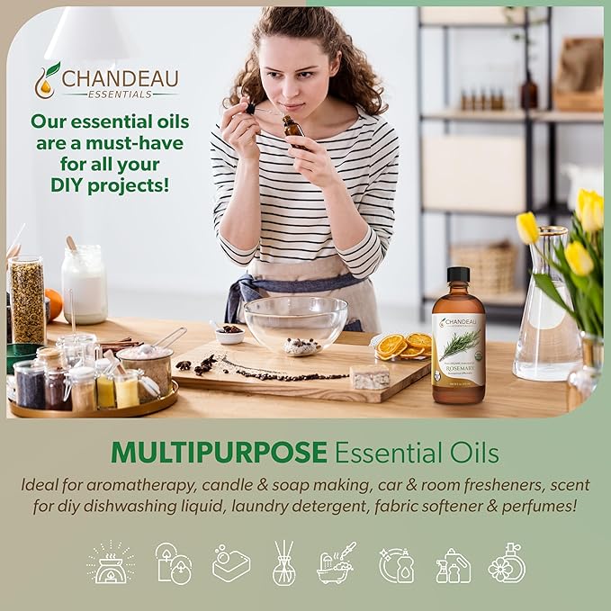 100% Pure Organic Essential Oil, Pure Rosemary Essential Oil for Aromatherapy, Soap Making, Candles, Laundry, Perfume, Cleaners or Diffusers - Large Amber Glass Bottle, 16 oz.