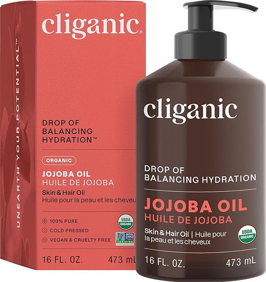 Cliganic Organic Jojoba Oil 16oz with Pump, 100% Pure | Bulk, Moisturizing Oil for Face, Hair, Skin & Nails | Natural Cold Pressed (Packaging May Vary)