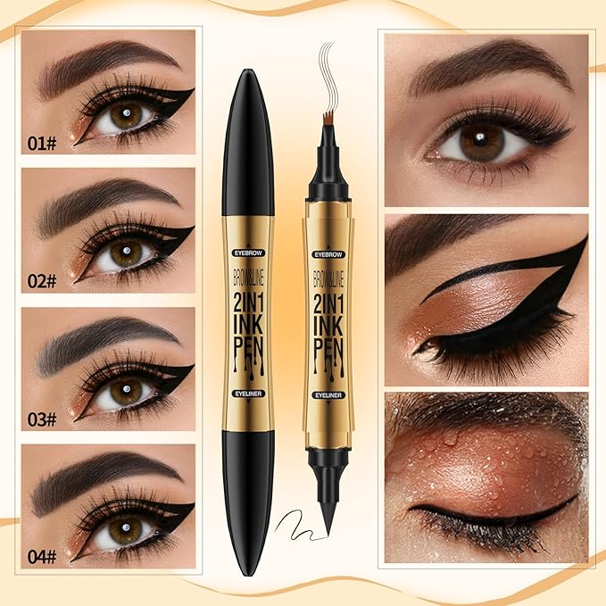 3D Four-Tip Eyebrow Pen & Eyeliner Duo - Waterproof, Long-Lasting, Smudge-Proof, Easy to Use for Perfect Brows and Defined Eyes - Black Eyebrow Pencil & Black Eyeliner