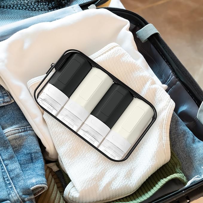 2 oz Travel Bottles, Small Travel Size Containers, TSA Approved Silicone Travel Toiletries Bottles, Shampoo and Conditioner Travel Kit for Women (Black-white)