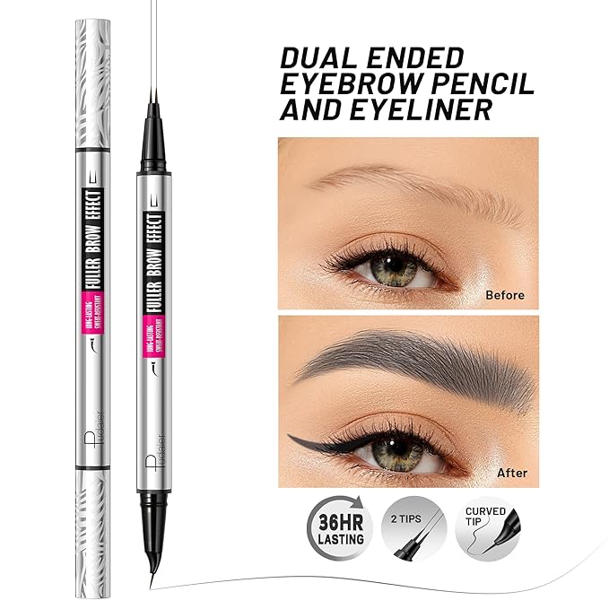 2 Pack 2 Fine Tip Eyebrow Pen, Waterproof Filling Faux Brow Makeup Pencils for Women with Precise Curved Brush-Tip to Fast Create Natural Hair-Like Brows, Last All-Day (Charcoal Grey)
