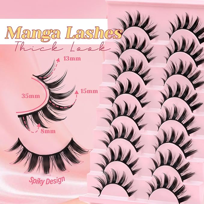 Ahrikiss Lashes Spiky Manga Lashes Anime False Eyelashes 8 Pairs Faux Mink Lashes Kit with Lash Glue and Lash Tweezers Cosplay Thick Fake Eyelashes Soft Strip Lashes Natural Look (Dolls)