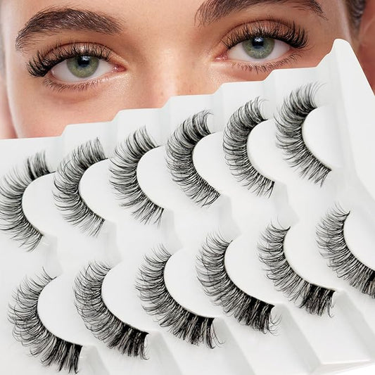 Cat Eye Lash Wispy Lashes False Eyelashes Natural Look, Yasnai 3D Fluffy Fake Lashes Volume Lashes, Natural Fake Eyelash Strips Lashes Natural False Lashes Clear Band 6 Pairs Pack