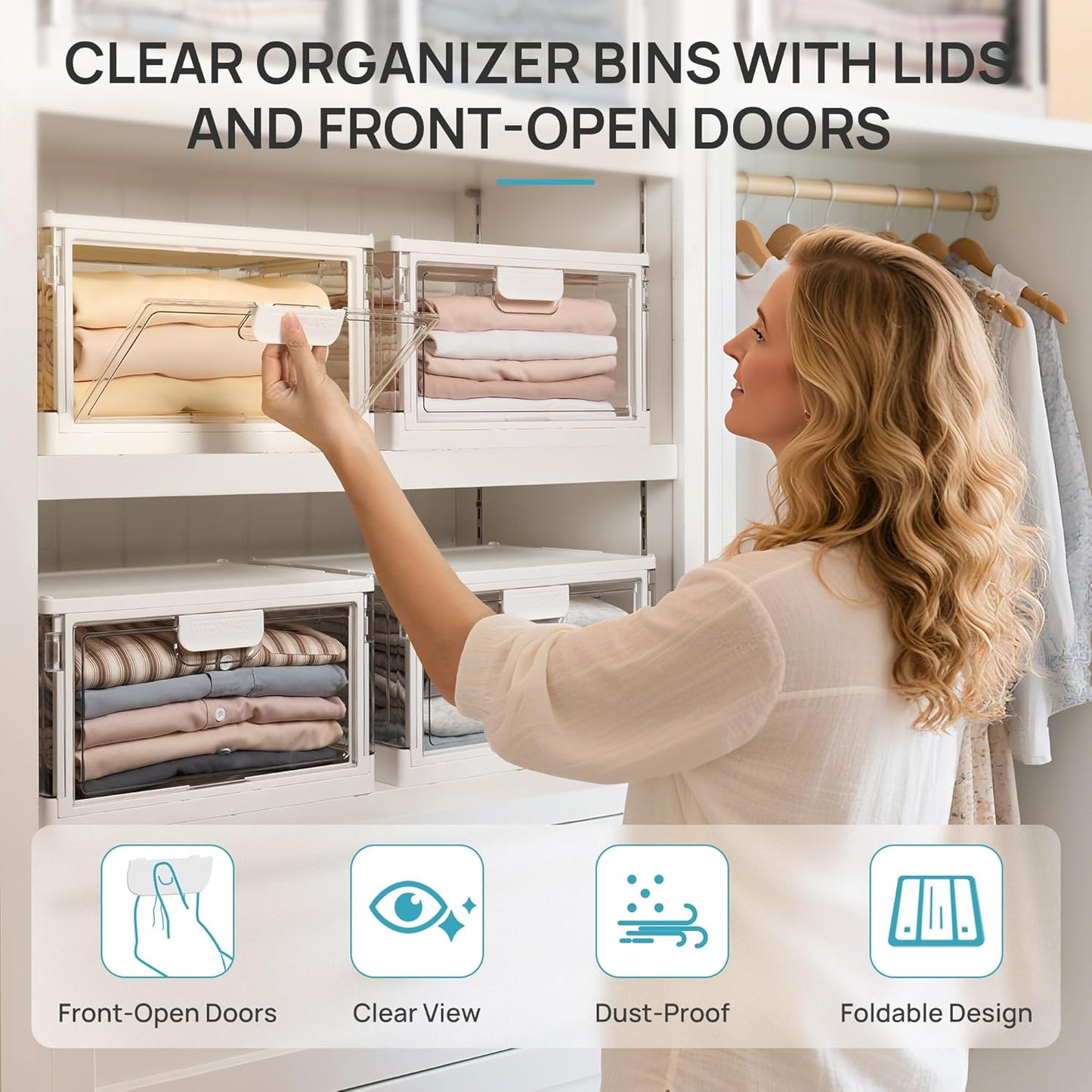 Vtopmart 2 Pack Stackable Storage Bins with Lids,24QT Clear Foldable Closet Organizer with Front-Open Doors,Plastic Storage Containers for Living Room, Bedroom, Craft Room, Dorm Organization