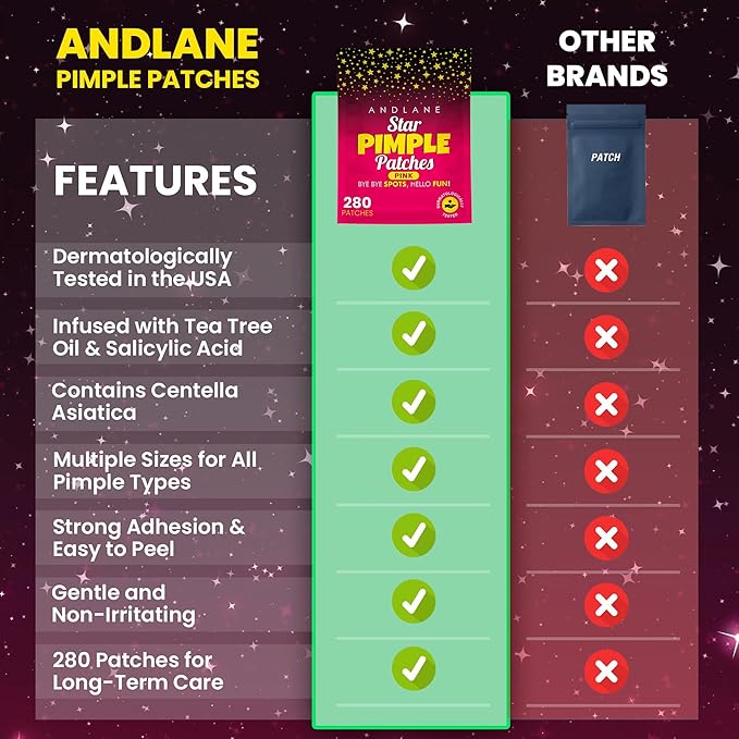 Andlane 280Pcs Star Pimple Patches for Face - Pimple Patches Cute Stars - Hydrocolloid, Salicylic Acid, Tea Tree Oil, Centella - Pink Color, 3 Sizes Zit Stickers