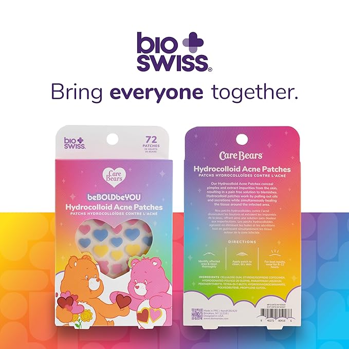 BioSwiss Care Bears Pimple Patches, Hydrocolloid Acne Patch for Zits and Blemishes, Face and Skin Stickers, 72 Count