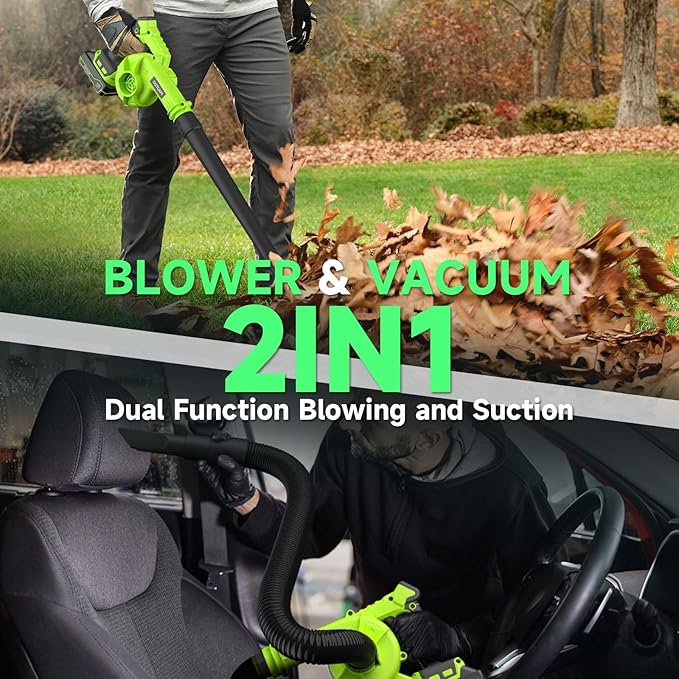 Cordless Leaf Blower with 2 Batteries, Charger & Dust Bag, 2-in-1 20V Cordless Vacuum Cleaner with Self-Locking Switch, Handheld Battery Powered Small Blower for Lawn Care/Dust/Pet Hair/Inflatable Bed