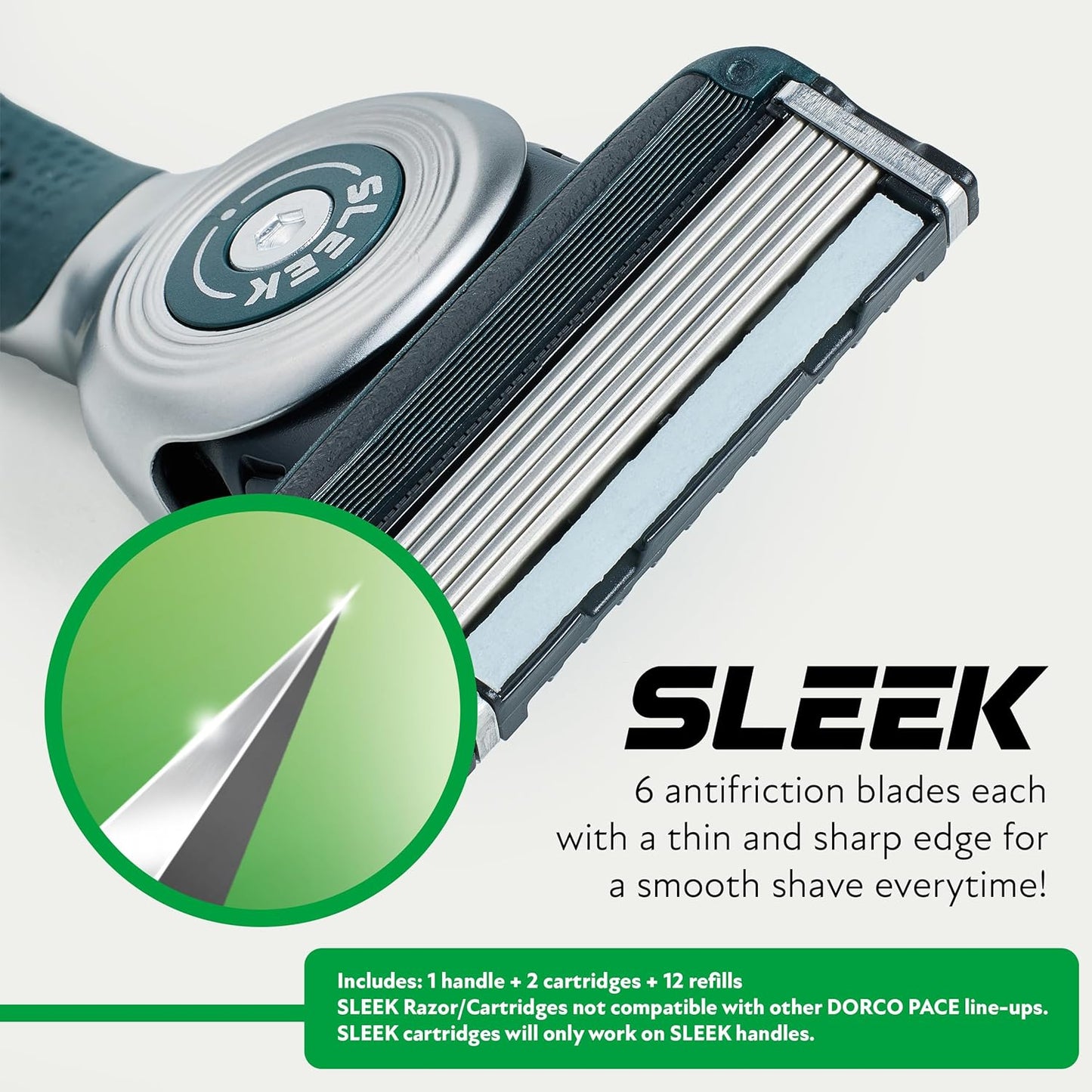 DORCO SLEEK Six Blade Razor System Bundle with Multi-Flex Technology, Ergonomic Handle With Precision Shaving Razor Replacements, 14 Cartridges