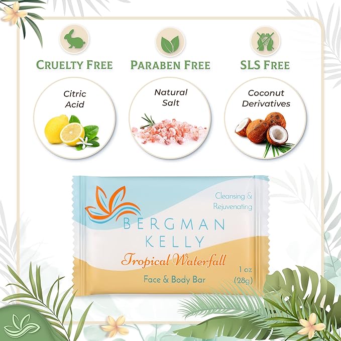 BERGMAN KELLY - Hotel Soap Bars - Tropical Waterfall, 1 oz, 100 PK - Travel Size Luxury Bulk Amenities Bar Soap - Mini Individually Wrapped Rectangular Soap, Small Toiletries for Airbnb & Motel