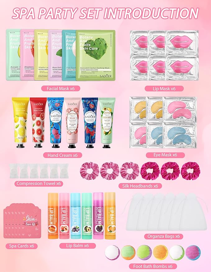 60PCS Spa Party Supplies for Girls, Include Facial Masks, Lip Mask, Under Eye Patches, Lip Balm, Foot Bath Bombs, Hand Cream, Compressed Towel, Hair Band, Sleepover Party Supplies for Girls