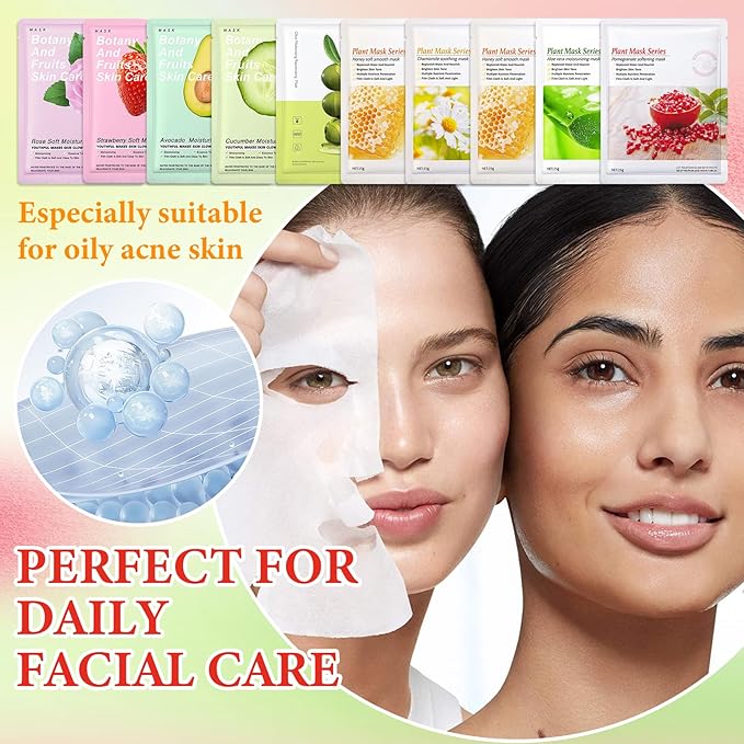 10 Pack Variety Facial Sheet Masks Skin Care Set, Hydrating Bulk Sheet Face Masks Skincare Gifts Set for Women Men, Long Lasting Moisturizing Face Mask Skincare for All Skin Type（B)