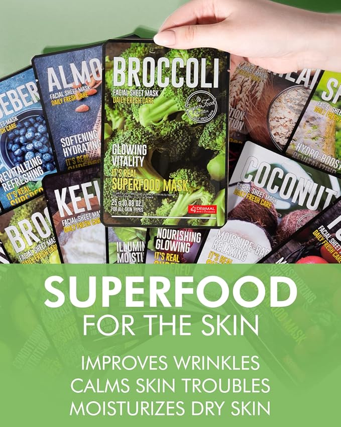 DERMAL Super Food Face Masks Skincare- 12 Pack Facial Sheet Mask for a Glowing Refreshing Skin- Moisturizing Sheet Masks for Face Enriched with Natural Ingredients for All Skin Types