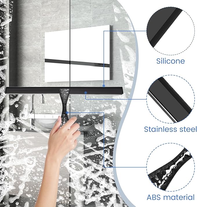 All-Purpose Silicone Shower Squeegee for Shower Glass Door,with 1 Hooks,for Bathroom Glass, Car, Tile Wall, Mirror Cleaning - Flower Shaped Handle for Easy-Grip 12 Inch Black