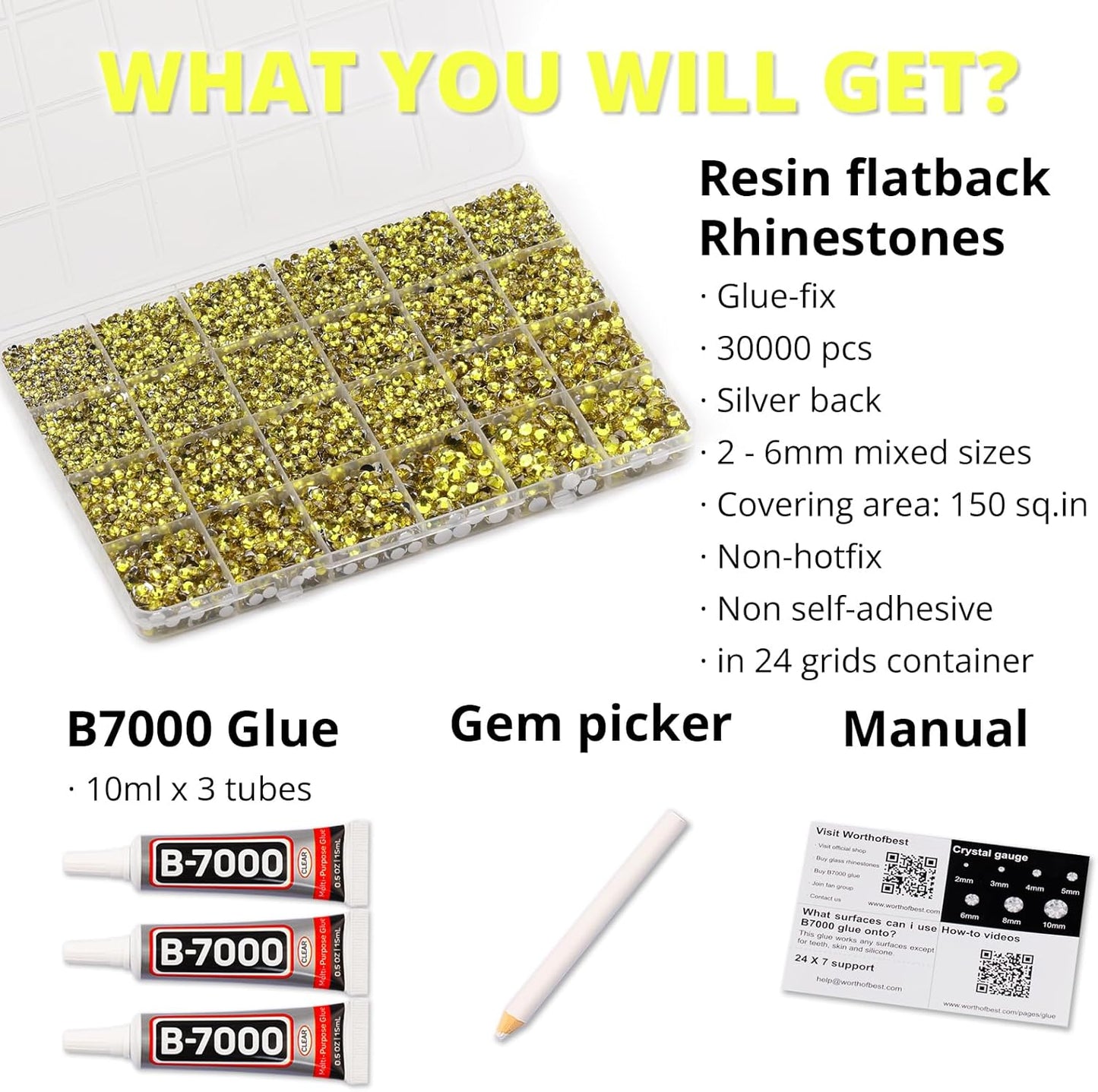 30000Pcs Resin Rhinestones Set for Crafting Bedazzling, Yellow Flatback Gems Jewels for Crafts Clothes Shoes Fabric Outfit Makeup, Flat Back Crystal 2-6mm with b 7000 Glue