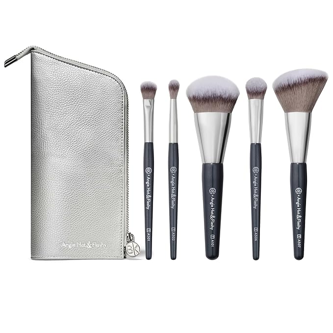 BK BEAUTY BRUSHES - ANGIE HOT & FLASHY Travel Brush Set with Pouch - Foundation Makeup Brushes - Brush for Liquid or Cream Foundations - Under-Eye Concealer | Bronzer, Blush & Highlighter Makeup Brush