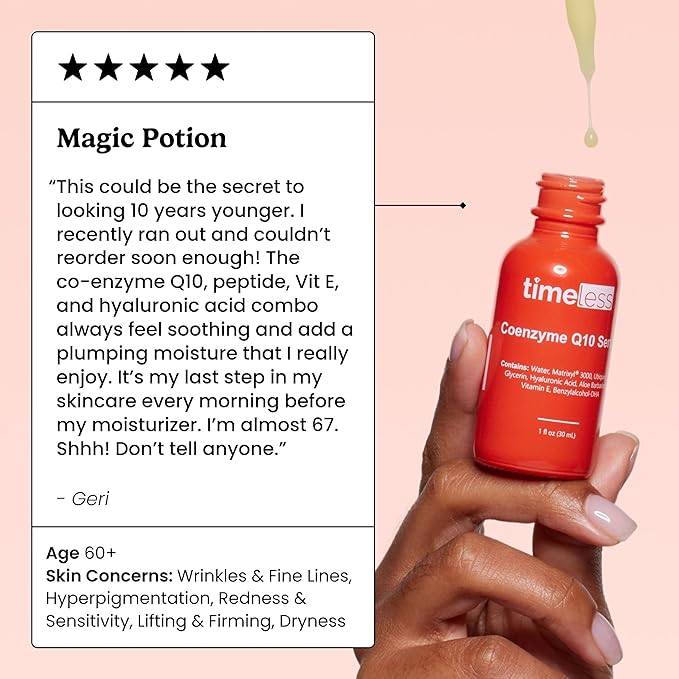 Timeless Skin Care Coenzyme Q10 Serum - Skin Care Serum for Smoothing - Fragrance-Free - Coenzyme Q10 - with Hyaluronic Acid - 1 oz