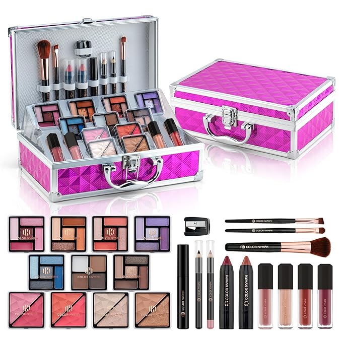 Color Nymph Girls Makeup Kits for Teen, Beginner Makeup Kit For Girls Non Toxic Makeup Set w/Train Case 24pcs Cosmetics Eyeshadow Lipstick Lipgloss Blush Mascara Eyeliner For Tweens Girl/Lady