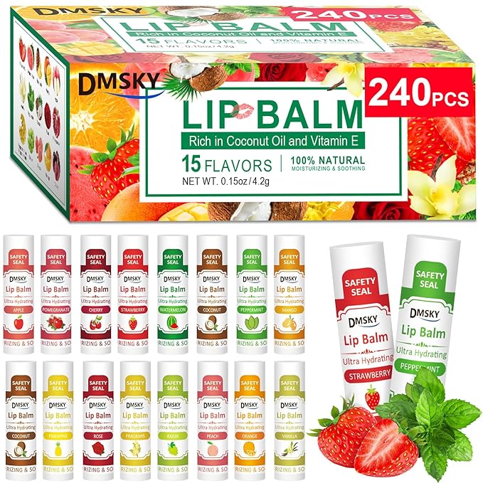 DMSKY Lip Balm 240 Pack, Lip Balm Bulk with Vitamin E and Coconut Oil, Moisturizing Lip Balm for Dry Cracked Lips-15 Flavors
