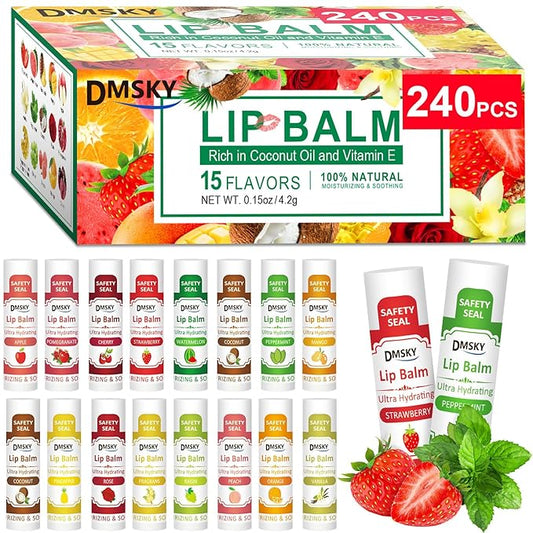 DMSKY Lip Balm 240 Pack, Lip Balm Bulk with Vitamin E and Coconut Oil, Moisturizing Lip Balm for Dry Cracked Lips-15 Flavors