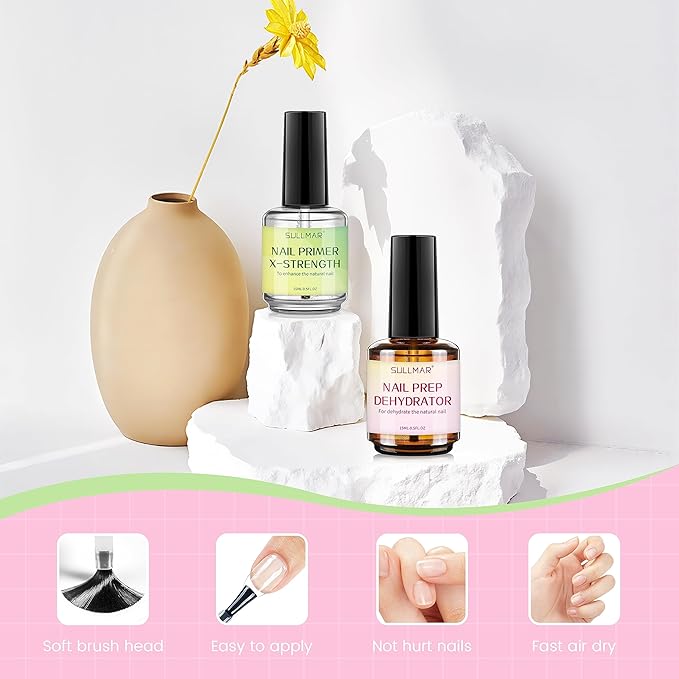 15ml Nail Prep Dehydrator&Nail Primer X-Strength Set, Nail Primer and Dehydrator for Acrylic Nails Nail Bonding Nail Care Kit with Nail Cuticle Oil and Nail Strengthener