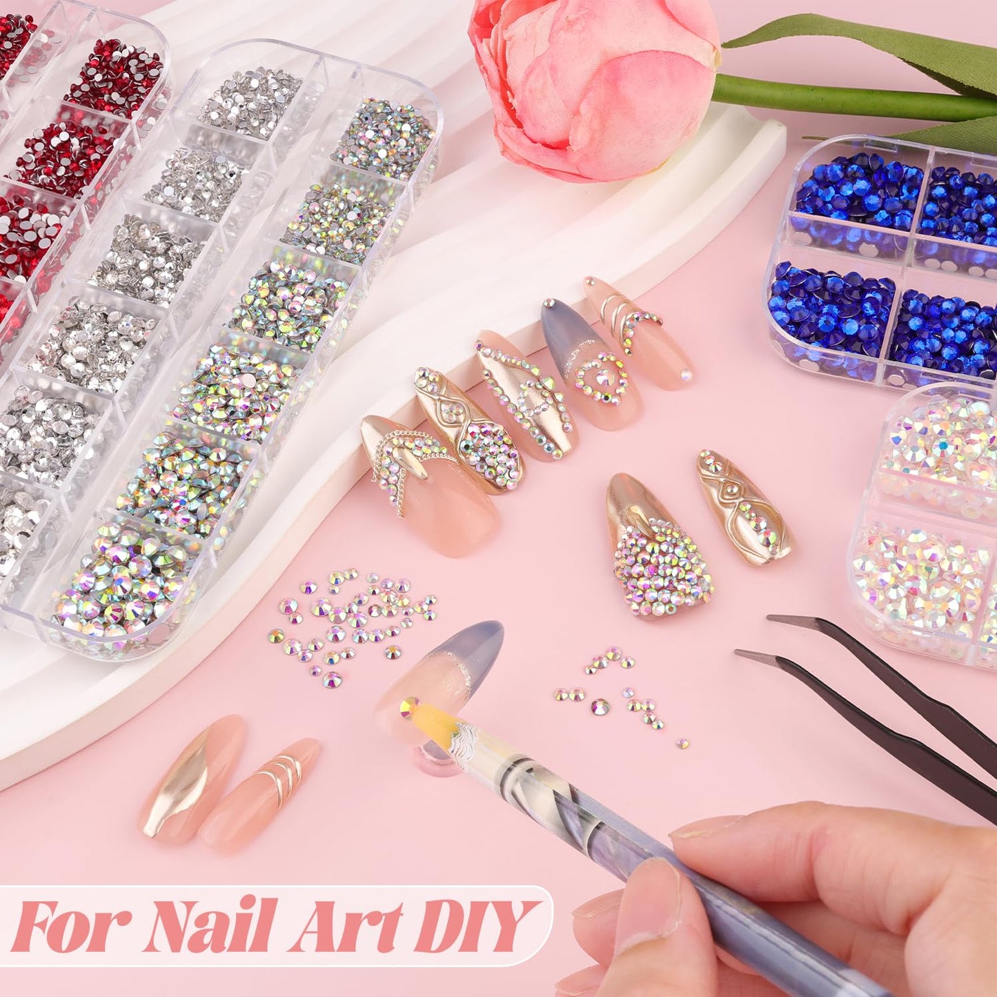 3600pcs Glass Royal Blue Nail Rhinestones 6 Sizes(1.8/2/2.4/2.8/3/4mm) Flatback Crystal Nail Charms Jewels Decoration for Nail Art and Crafting, Tweezer and Pickup Pen included