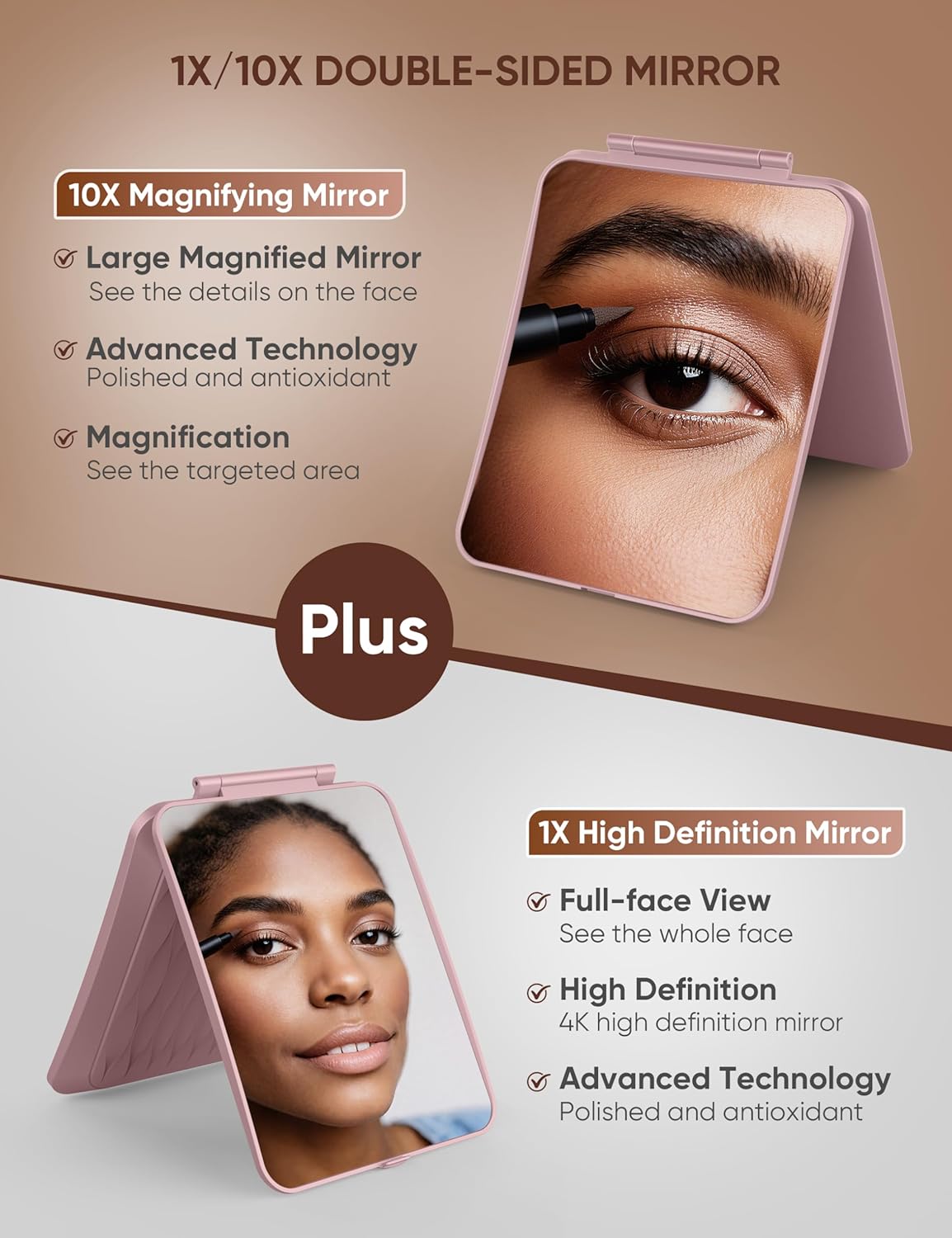 Travel Makeup Mirror with 1X/10X Magnifying, Portable Folding Make Up Tabletop Mirror for Office, Compact Vanity Mirror for Travel (Rose Pink, No LED Lights)