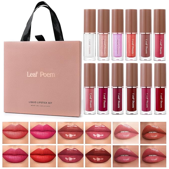 12 Pcs Liquid Lipsticks Lip Gloss Set with Matte,Glossy and Glitter Lip Makeup Long-Lasting Waterproof Lip Stain for Gift and Women