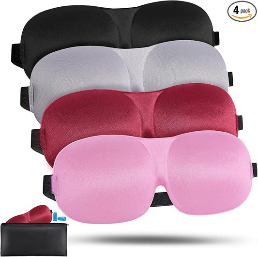 4 Pack Sleep Mask for Women and Men Adjustable Blackout 3D Eye Masks for Sleep, Blindfold with Storage Bag and Earplug for Travel Nap and Night (Black, Purple, Blue, Pink)