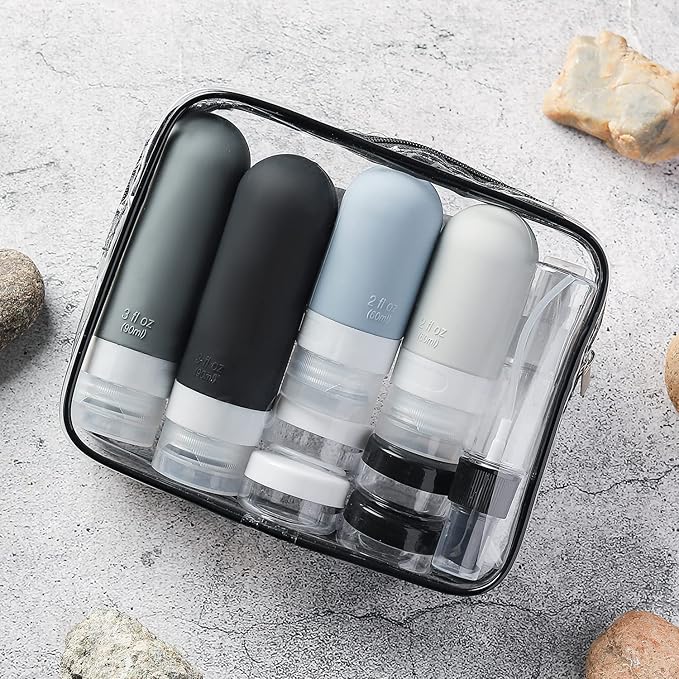 16 Pack Travel Bottles Set - TSA Approved Leak Proof Silicone Squeezable Containers for Toiletries, Conditioner, Shampoo, Lotion & Body Wash Accessories (16 pcs/Black Pack)