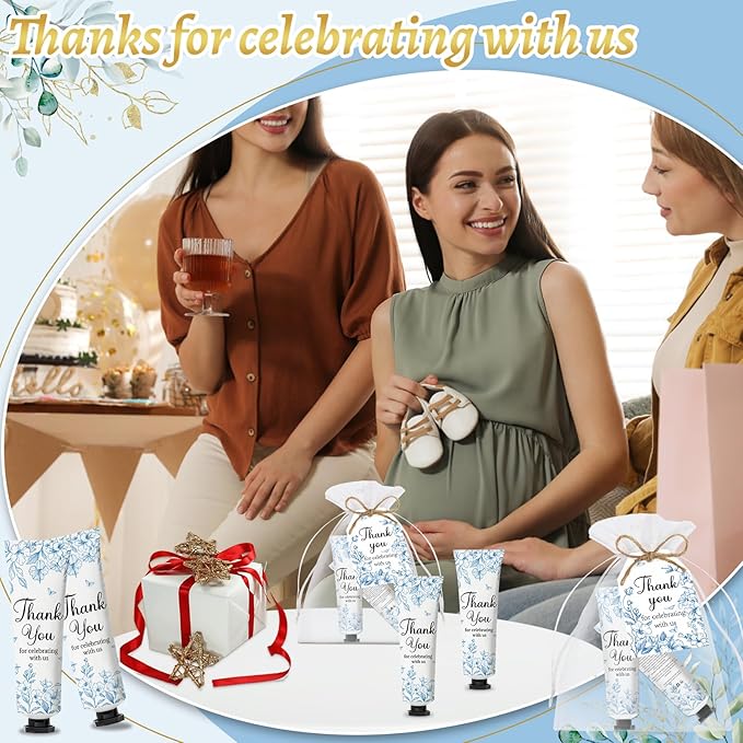 50 Sets Blue Flower Baby Shower Hand Cream Set, Favors Party for Guests Bridal Wedding Gift Bulk Baby Shower Travel Size Hand Cream Blue Flower with Thank You Card and Organza Gift Bags(blue flower)