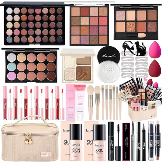 All in One Makeup Kit for Women Full Kit, Makeup Gift Sets for Women Teens Girls, Makeup Essential Bundle Includes Eyeshadow Palette Foundation Eyeliner Contour Stick Lip Gloss Cosmetic Brush Set