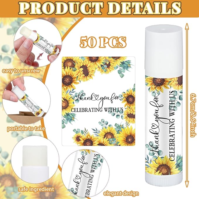 50 Pcs Sunflower Wedding Bridal Shower Gifts Bulk Floral Lip Balm Baby Shower Party Favors Thank You Appreciation Gifts for Women Tea Bachelorette Party