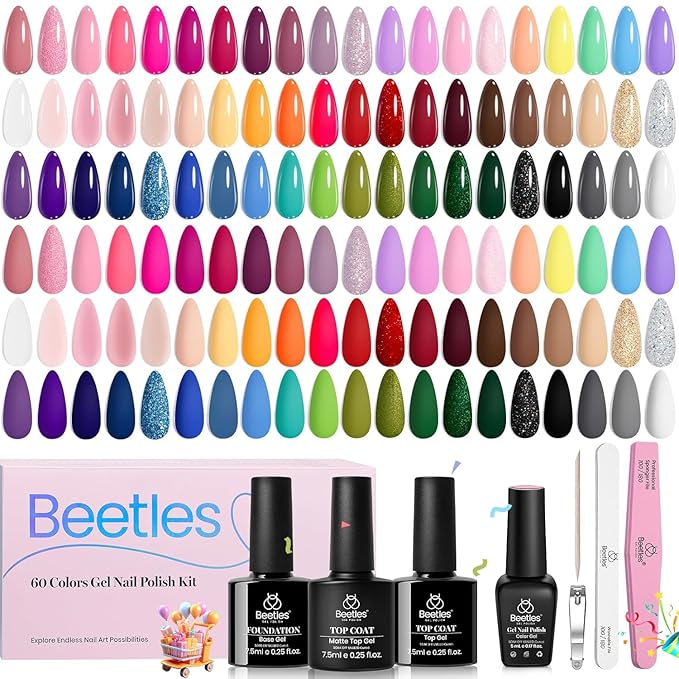 Beetles Gel Nail Polish Set, 70 PCS 60 Colors Red Green Pink Brown Blue Nude Glitter Gel Nail Polish Kit with Base Glossy & Matte Top Coat Gel Polish for Beginners DIY Salon Christmas Gifts for Women
