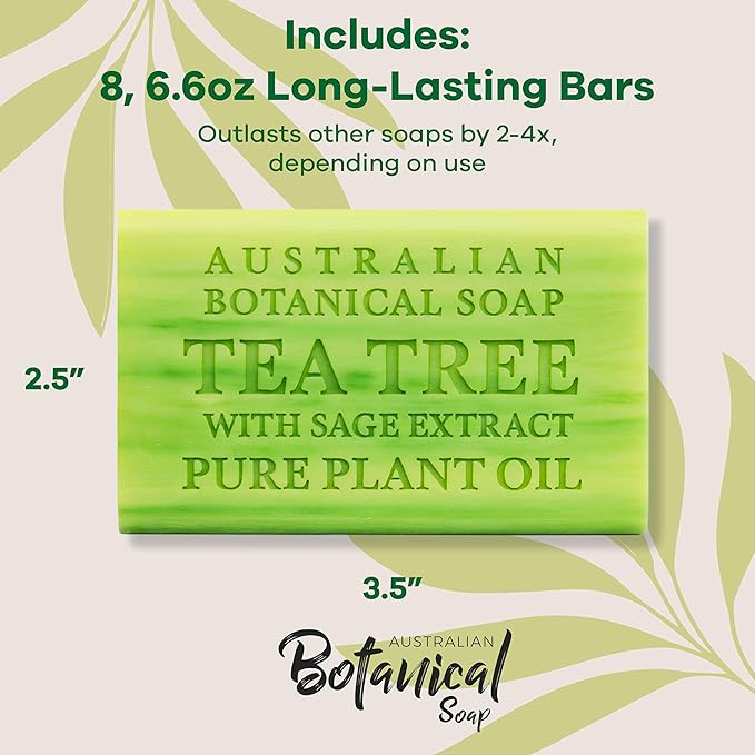 Australian Botanical Soap, 6.6 OZ, Tea Tree with Sage Extract, Triple Milled Bars made with a Natural Soap Base and Enriched with Organic Shea Butter, Pack of 8