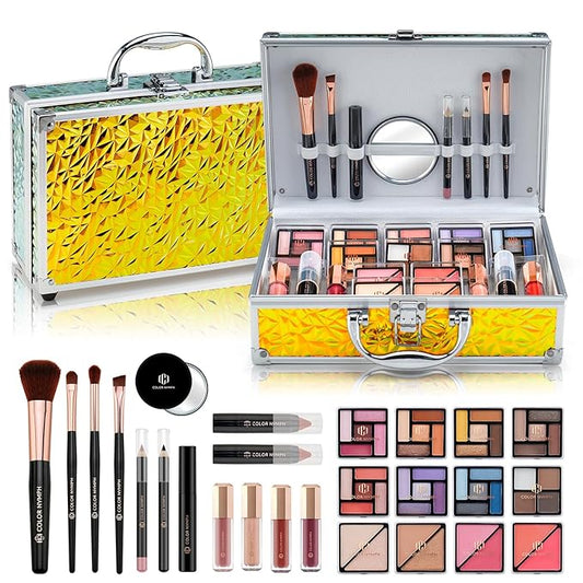 Color Nymph Beginner Makeup Kit for Teens, Train Case Girls Makeup Set with Eye Shadow, Lipstick, Blush, Brushes, Lipgloss, Mascara, Brow Wax and Mirror Green Full Starter Cosmetics Set