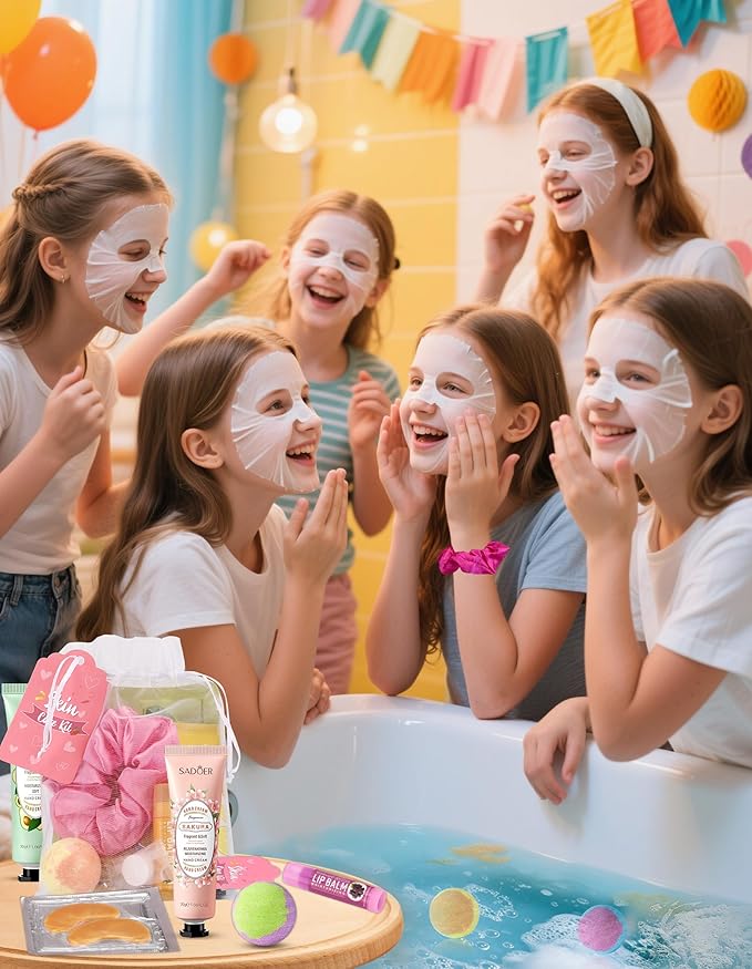 60PCS Spa Party Supplies for Girls, Include Facial Masks, Lip Mask, Under Eye Patches, Lip Balm, Foot Bath Bombs, Hand Cream, Compressed Towel, Hair Band, Sleepover Party Supplies for Girls