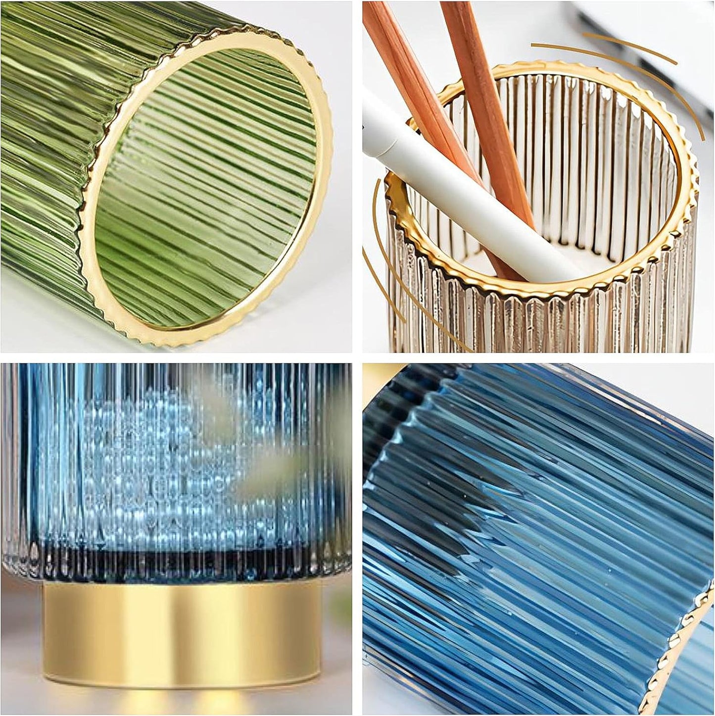 DASITON Makeup Brush holder Organizer,Crystal Cosmetic Makeup Brush Glass Brushes Storage Holder, Vintage Make Up Brush Cup Pen Pencil Holder striped vase(Blue S+L)