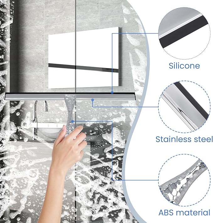 10 inch Shower Squeegee with 2 Hooks & Mini Scraper, Stainless Steel Glass Squeegee with Non-Slip Hammered Handle, Silicone Bathroom Wiper for Mirror, Tile, Window Cleaning Accessories