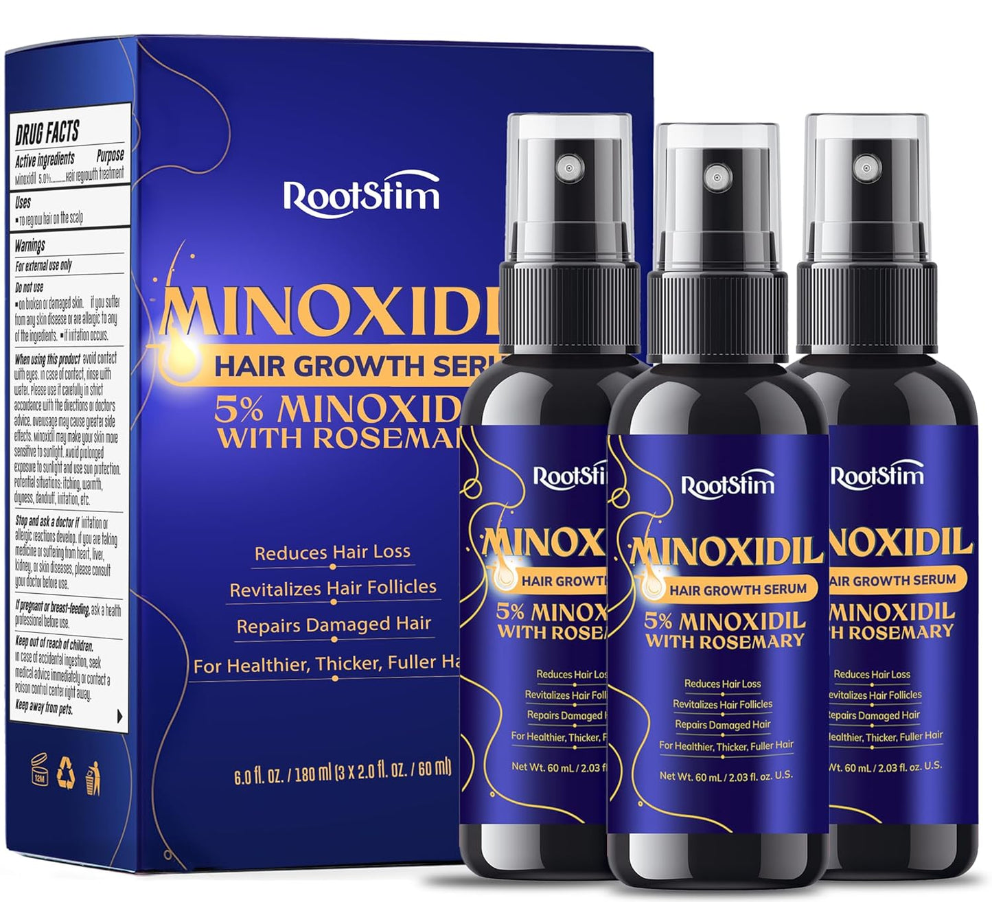 5% Minoxidil Hair Growth for Men and Women: 3-Pack RootStim Extra Strength Minoxidil with Rosemary for Thinning Hair Regrowth and Fuller Hair 180 ML