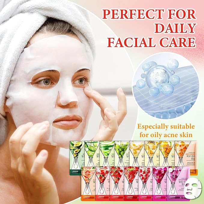 15 Pack Variety Facial Sheet Masks Skin Care Set, Hydrating Bulk Sheet Face Masks Skincare Gifts Set for Women Men, Long Lasting Moisturizing Face Mask Skincare for All Skin Type（05)