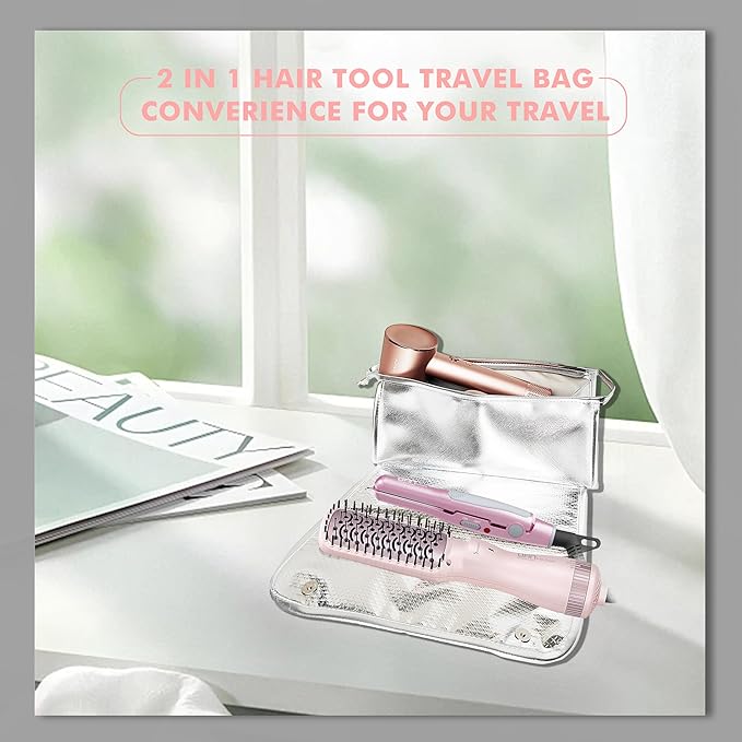 DAN Technology Hair Tools Travel Bag, 12.5 x 5.5 x 5.5 inches, Silver - Heat Resistant Mat, Protective Pad, Hanging Rope, Portable Design, Ideal for Hair Dryer, Curling Iron, Flat Iron, Straighteners
