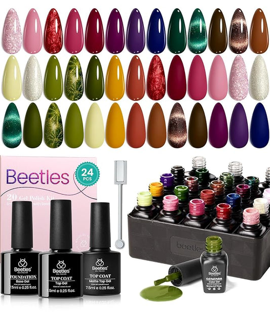 Beetles Cat Eye Gel Nail Polish Set - 20 Colors Fall Gel Polish Nail Set Burgundy Brown Green Nail Polish Glitter Pearl Nail Manicure with Base Coat Matte&No Wipe Top Coat Soak off Gifts