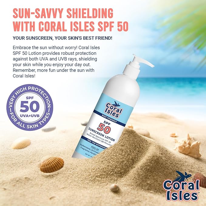 Sunscreen SPF 50 | Hawaii Compliant as Reef Safe | Octinoxate & Oxybenzone Free | Broad Spectrum UVA/UVB Protection | Water Resistant 80 Min. | Fragrance Free | 16 Fl Oz (Pack of 1))