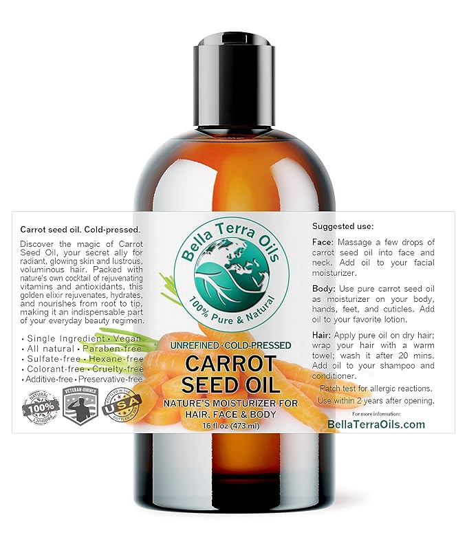 Bella Terra Oils - Organic Carrot Seed Oil 16 oz - Pure Organic Carrot Essence, Offering the Best of Vitamin C & Omega Fatty Acids, The Beacon of Natural Skin Care