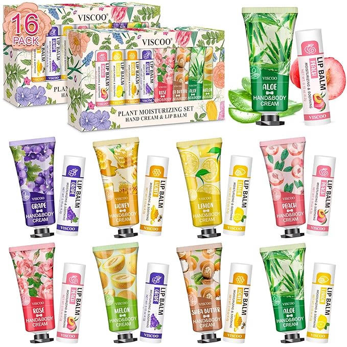 16 Pack / 8 Sets Bulk Lip Balm and Hand Cream Gift Set, Bridal Shower Gifts and Bridal Wedding Favors for Guests, Baby Shower Party Favors for Guests, Thank You Gifts, Birthday Gifts for Women