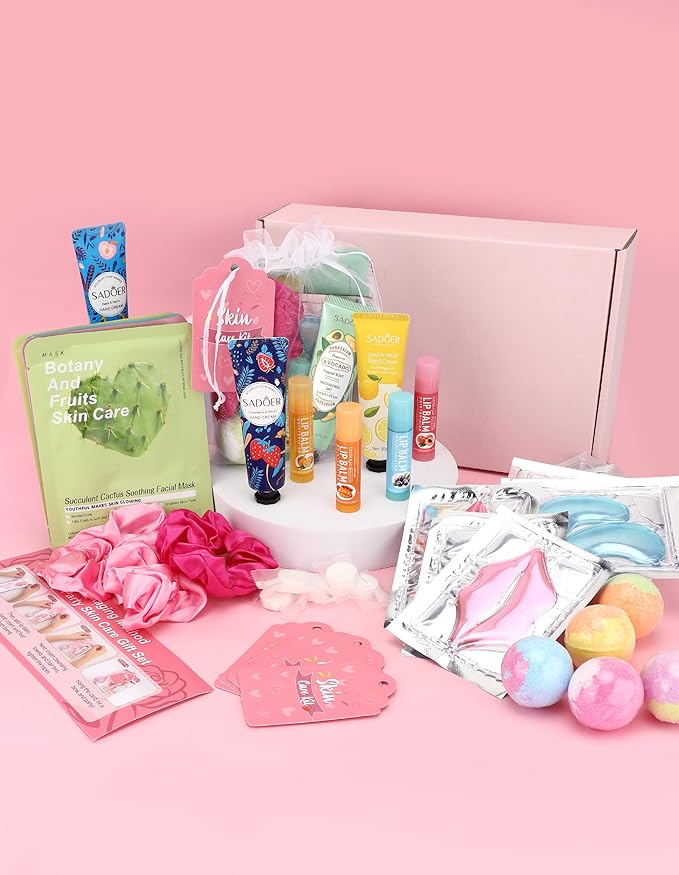 60PCS Spa Party Supplies for Girls, Include Facial Masks, Lip Mask, Under Eye Patches, Lip Balm, Foot Bath Bombs, Hand Cream, Compressed Towel, Hair Band, Sleepover Party Supplies for Girls