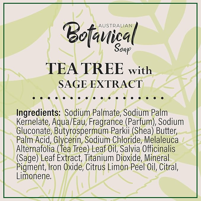 Australian Botanical Soap, 6.6 OZ, Tea Tree with Sage Extract, Triple Milled Bars made with a Natural Soap Base and Enriched with Organic Shea Butter, Pack of 8