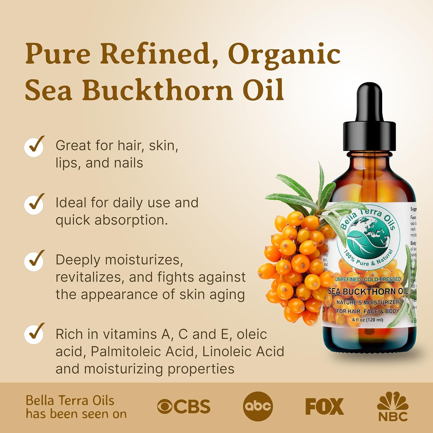 Bella Terra Oils - Sea Buckthorn Oil 16 oz - Capturing the Essence of Organic Sea Buckthorn Berries, Loaded with Omega-7 & Omega-9, A Sumptuous Embrace for Skin