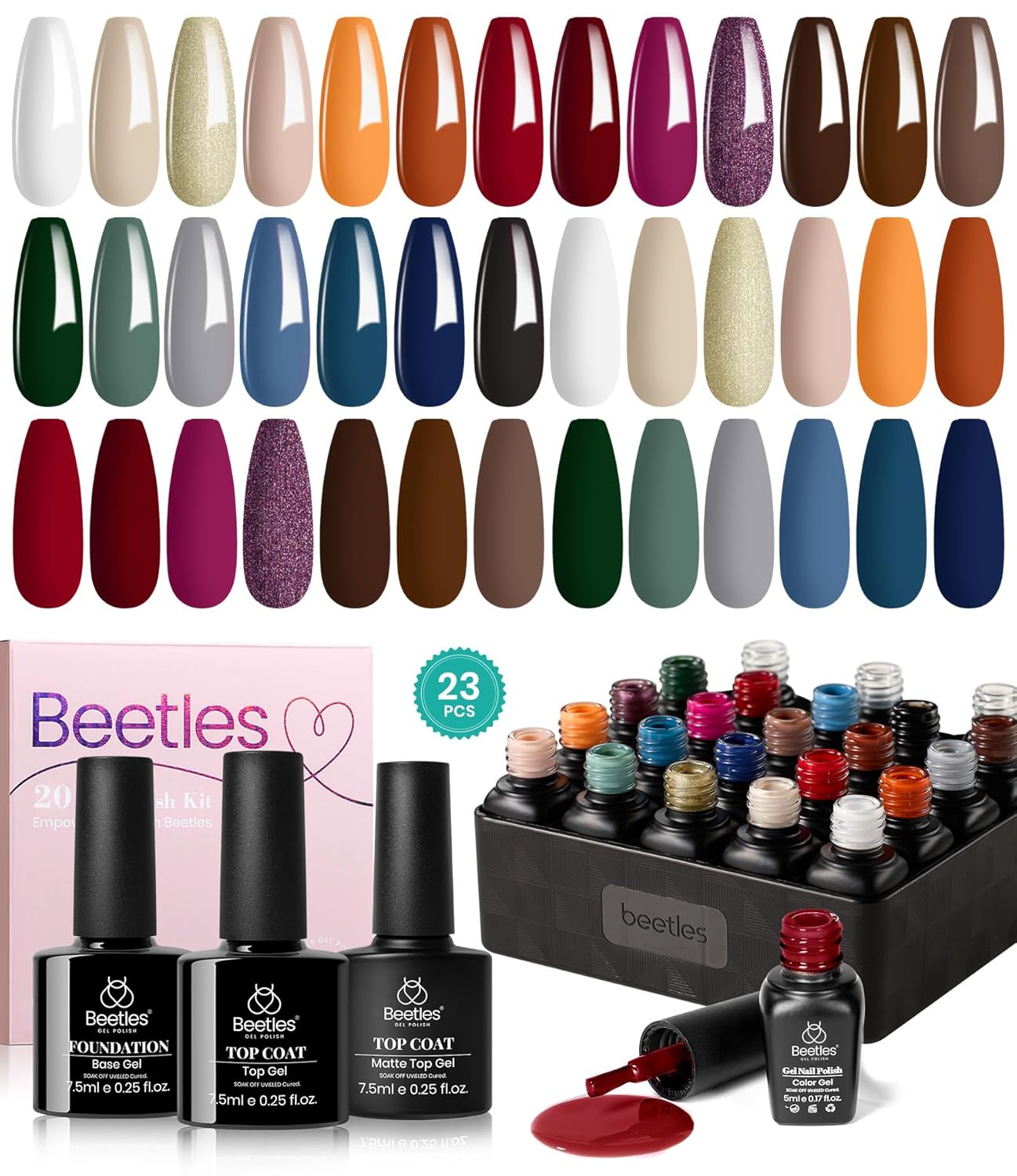 Beetles Fall Gel Nail Polish Kit - 23Pcs Burgundy Red Brown Orange Purple Colors Gel Polish Set Brown Gray Blue Green Soak Off Uv Gel Base Top Coat Gifts for Girls Glowing Attraction