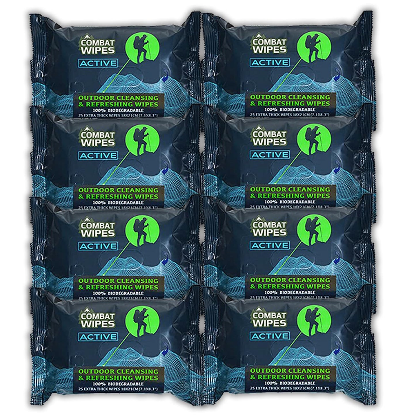 Combat Wipes ACTIVE Outdoor Wet Wipes - Extra Thick Camping Gear, Biodegradable, Body & Hand Cleansing/Refreshing Cloths for Backpacking & Gym w/Natural Aloe & Vitamin E (8 pack, 200 Wipes)…